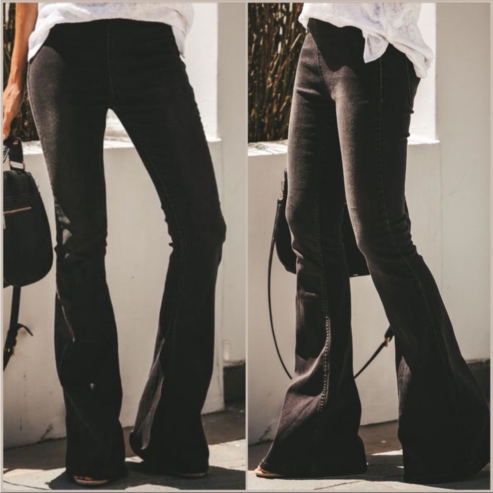 Black Vintage Washed Pull On Bell Bottom Flare Jeans with Raw Frayed Hem - Picture 5 of 5